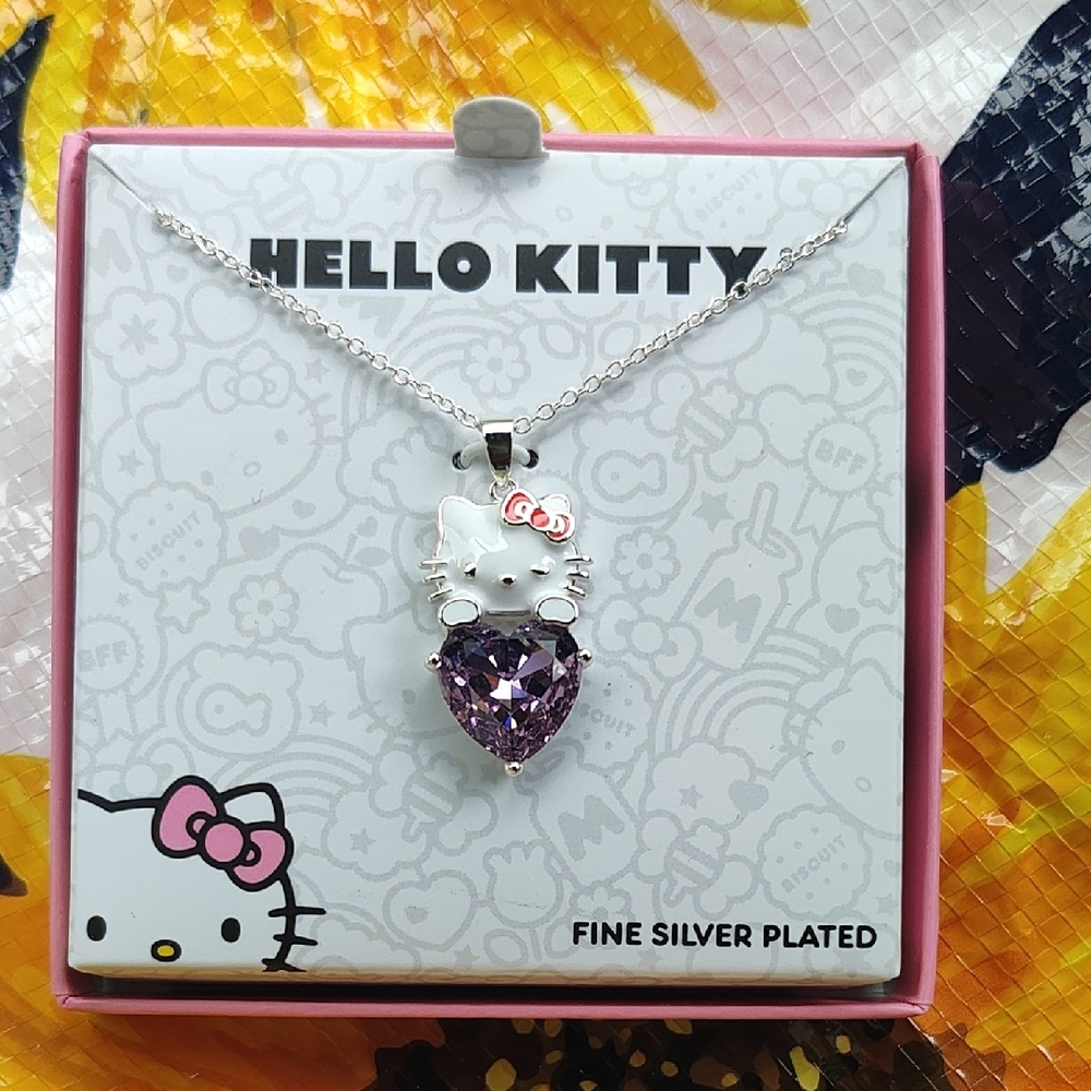 Hello Kitty Silver Necklace with Pink Bow and Purple Heart.  Free Gift With Purc